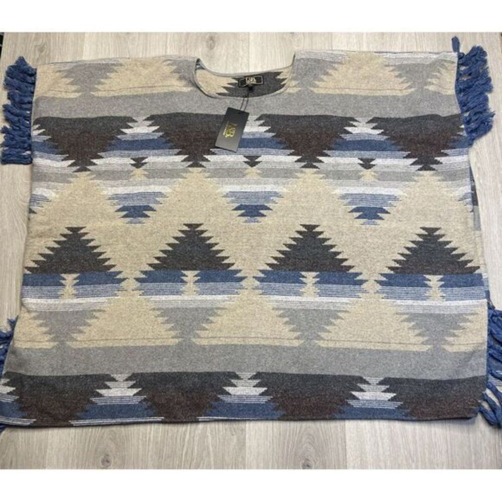 L&B Poncho Women Gray Aztec Blanket Tribal Boho Fringe Shawl Wrap Medium